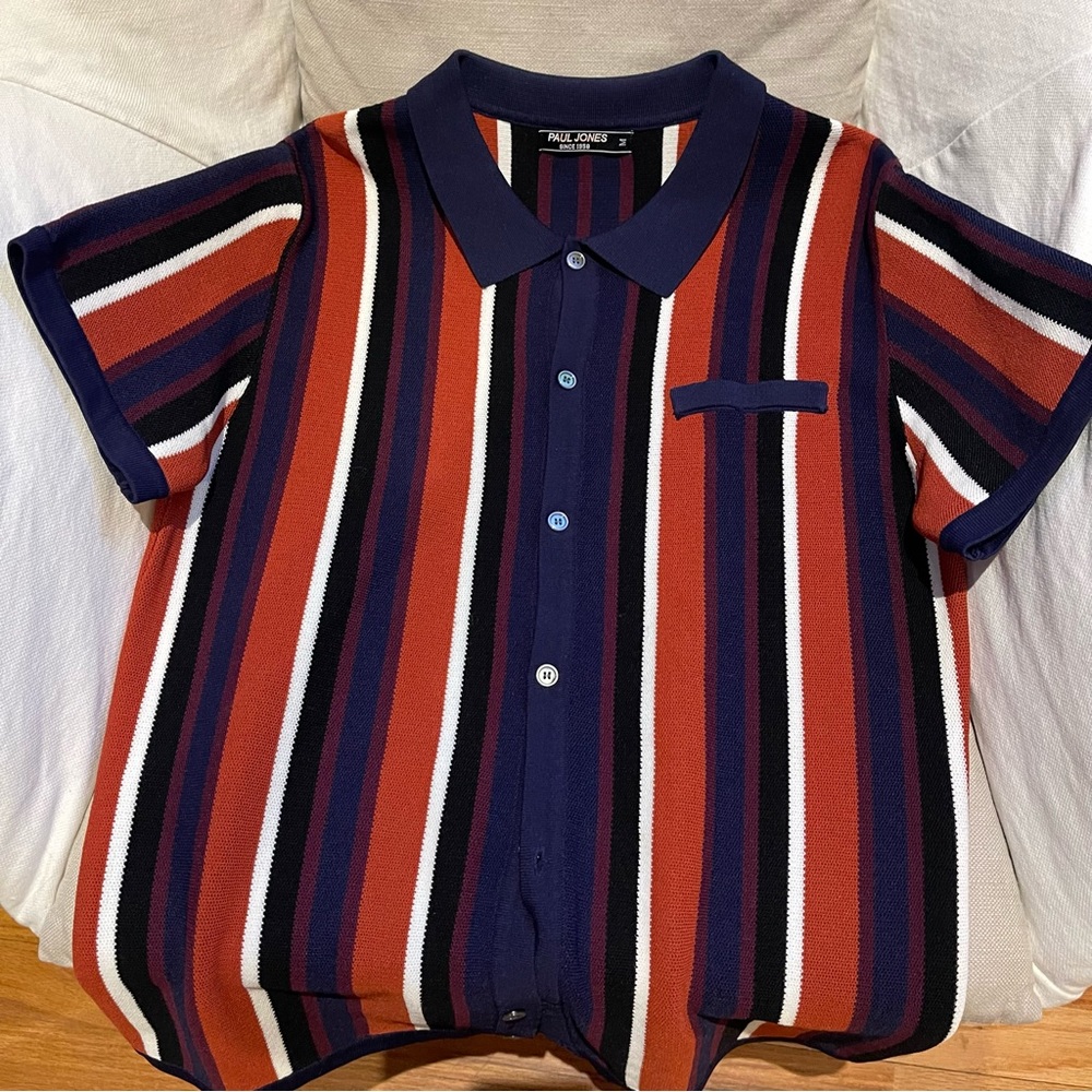 PJ PAUL JONES Men’s M Striped Button Down Knit Polo Shirt Short Sleeve Vintage